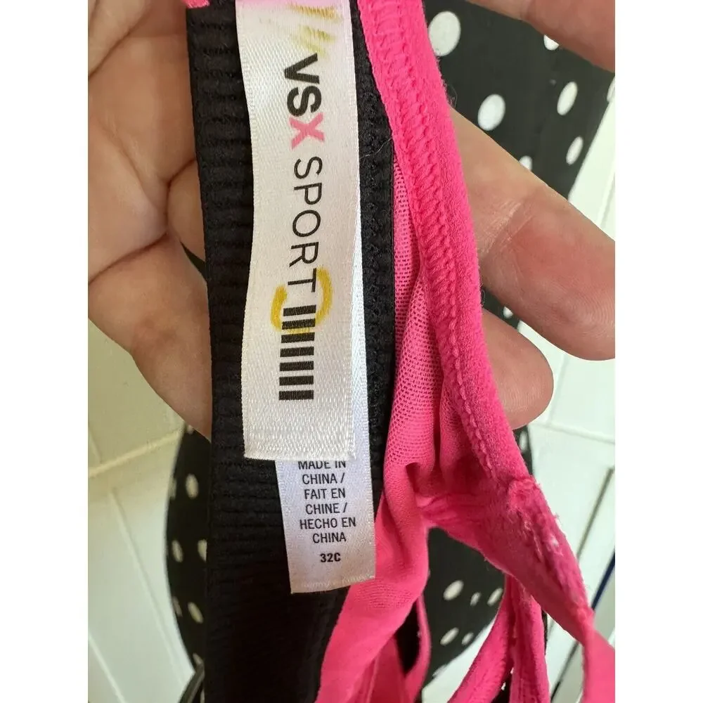 Victorias Secret VSX Mesh Sports Bra 32C Crisscross‎ Straps Black White Hot Pink